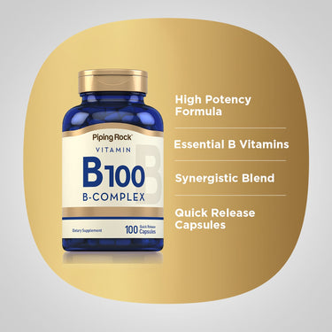 Product highlight graphic showing Piping Rock Vitamin B100 B-Complex bottle, stating High Potency Formula, Essential B Vitamins, Synergistic Blend, Quick Release Capsules
