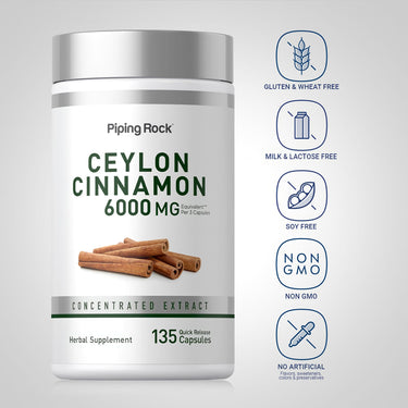 Ceylon Cinnamon bottle with icons indicating Gluten, Wheat, Milk, Lactose, Soy Free, NON GMO, No Artificial Flavors/Sweeteners/Colors.