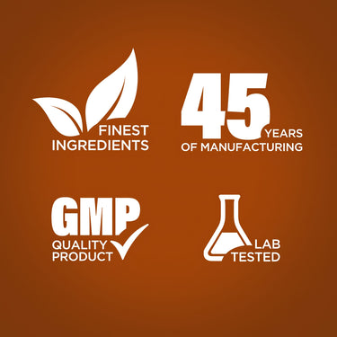 Graphic stating Finest Ingredients, 45 Years of Manufacturing, GMP Quality Product, Lab Tested
