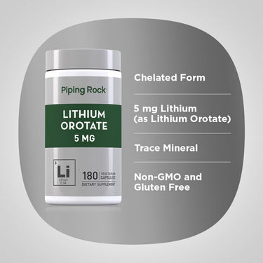 Lithium Orotate 5 mg, 180 vegetarian capsules, chelated form, trace mineral, Non-GMO, and gluten-free.