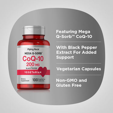 Product highlights graphic stating Featuring Mega Q-Sorb™ CoQ-10, With Black Pepper Extract For Added Support, Vegetarian Capsules, Non-GMO and Gluten Free