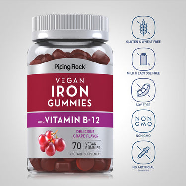Iron Gummies bottle with icons indicating gluten, wheat, milk, lactose, soy free, NON GMO, no artificial sweeteners.