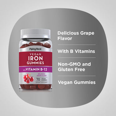 Graphic stating Delicious Grape Flavor, With B Vitamins, Non-GMO and Gluten Free, Vegan Gummies