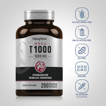Tribulus Max bottle with icons indicating Gluten & Wheat Free, Milk & Lactose Free, Soy Free, Non GMO, No Artificial Additives.