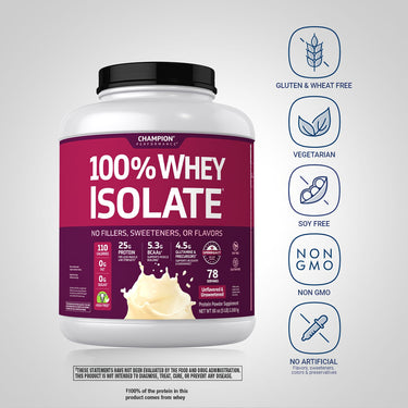00% Whey Isolate whey protein bottle with icons indicating Gluten & Wheat Free, Vegetarian, Soy Free, Non GMO, and No Artificial Flavors, Sweeteners, Colors & Preservatives.