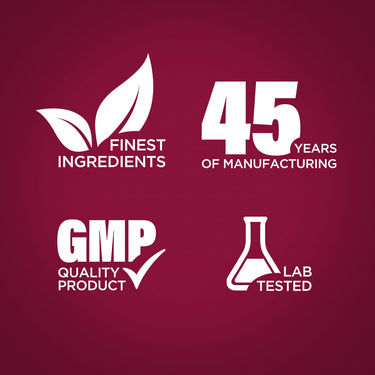 Graphic stating Finest Ingredients, 45 Years of Manufacturing, GMP Quality Product, Lab Tested