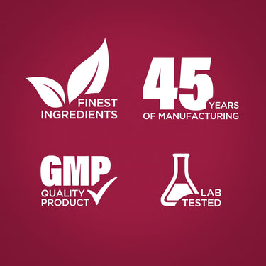 Graphic stating Finest Ingredients, 45 Years of Manufacturing, GMP Quality Product, Lab Tested