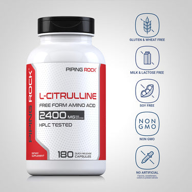 L-Citrulline bottle with icons indicating Gluten, Wheat, Milk, Lactose, Soy Free, NON GMO, No Artificial Flavors or Preservatives.