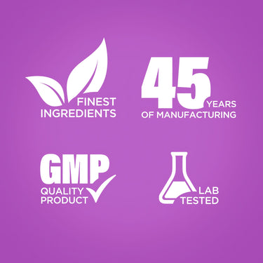 Infographic stating finest ingredients, 45 years of manufacturing, GMP quality, and lab tested product.