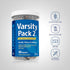 Varsity Pack 2 bottle with icons indicating it is gluten and wheat free, milk and lactose free, non-GMO, no artificial flavors.