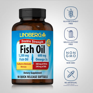 Lindberg Double Strength Fish Oil bottle with icons indicating Gluten & Wheat Free, Milk & Lactose Free, Non GMO, and No Artificial Colors, Flavors, Sweeteners & Preservatives