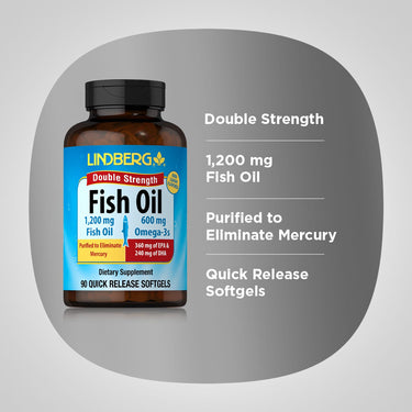 Product highlights graphic stating Double Strength, 1,200 mg Fish Oil, Purified to Eliminate Mercury, and Quick Release Softgels