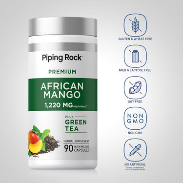 African Mango & Green Tea bottle with icons indicating Gluten/Wheat, Milk/Lactose, Soy Free, NON GMO, No Artificial Additives.