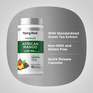 Graphic showing Piping Rock Premium African Mango 1,220 mg Eqivalent with Green Tea, 90 quick release capsules