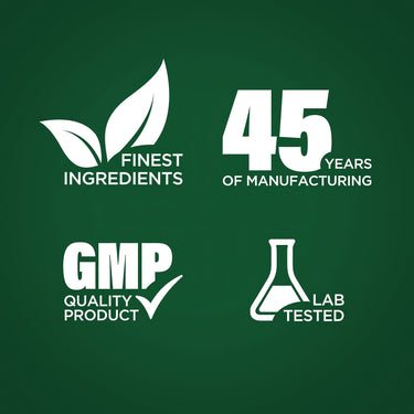 Graphic stating Finest Ingredients, 45 Years of Manufacturing, GMP Quality Product, Lab Tested