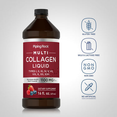 Piping Rock Multi Collagen Liquid bottle with icons indicating Gluten Free, Milk & Lactose Free, Non GMO, No Artificial Colors and Sweeteners