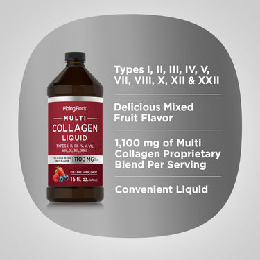 Product highlights graphic stating Types I, II, III, IV, V, VII, VIII, X, XII & XXII, Delicious Mixed Fruit Flavor, 1,100 mg of Multi Collagen Proprietary Blend Per Serving, Convenient Liquid