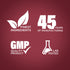 Graphic stating Finest Ingredients, 45 Years of Manufacturing, GMP Quality Product, Lab Tested
