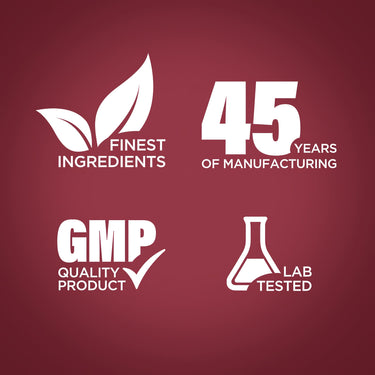 Graphic stating Finest Ingredients, 45 Years of Manufacturing, GMP Quality Product, Lab Tested
