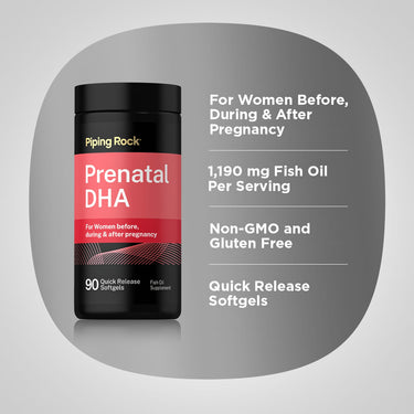 Product highlights graphic stating For Women Before, During & After Pregnancy, 1,190 mg Fish Oil Per Serving, Non-GMO and Gluten Free, Quick Release Softgels