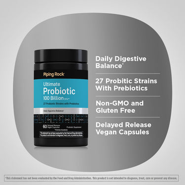 Graphic stating Daily Digestive Balance†, 27 Probiotic Strains With Prebiotics, Non-GMO and Gluten Free, Delayed Release Vegan Capsules.