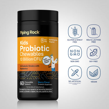 Kids Probiotic Chewables bottle with icons indicating Gluten & Wheat Free, Milk & Lactose Free, Non GMO, Soy Free, Vegan.