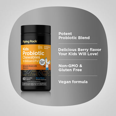 Product highlights graphic stating Potent Probiotic Blend, Delicious Berry flavor Your Kids Will Love!, Non-GMO & Gluten Free, Vegan formula