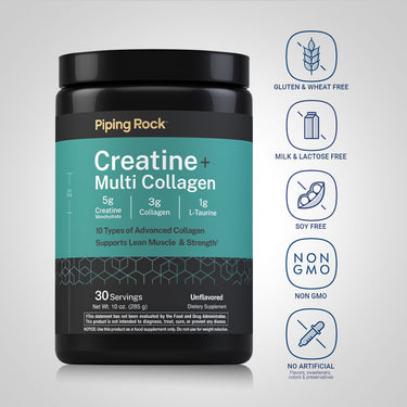 Piping Rock Creatine + Multi Collagen powder bottle with icons indicating Gluten & Wheat Free, Milk & Lactose Free, Soy Free, Non GMO, No Artificial Flavors, Sweeteners, Colors & Preservatives