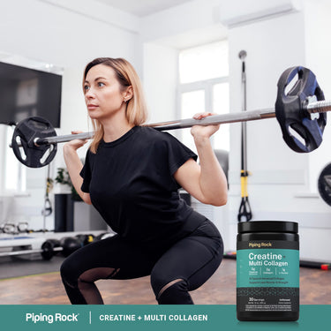 Adult performing a barbell squat in a gym, with a Piping Rock Creatine + Multi Collagen powder bottle nearby