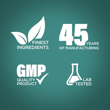 Graphic stating Finest Ingredients, 45 Years of Manufacturing, GMP Quality Product, Lab Tested