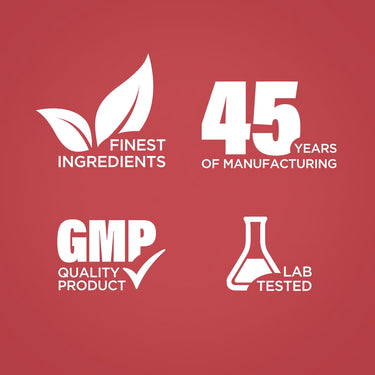 Graphic stating Finest Ingredients, 45 Years of Manufacturing, GMP Quality Product, Lab Tested
