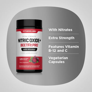 Product graphic stating With Nitrates, Extra Strength, Features Vitamin B-12 and C, Vegetarian Capsules