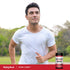 Adult jogging outdoors with Fitness Labs Nitric Oxide+ BeetFit Pro supplement bottle nearby