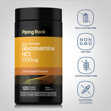 Glucosamine bottle with icons indicating Milk & Lactose Free, Non-GMO, Gluten & Wheat Free, no artificial flavors, sweeteners, colors, preservatives.