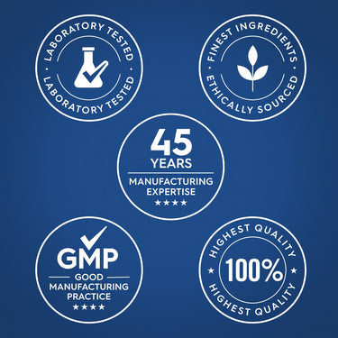 Infographic: Laboratory Tested, Finest Ingredients & Ethically Sourced, 45 Years Manufacturing Expertise, GMP Good Manufacturing Practice, 100% Highest Quality
