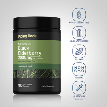 Elderberry bottle with icons indicating Gluten & Wheat Free, Milk & Lactose Free, Soy Free, Non-GMO, No Artificial Additives.