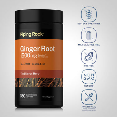 Ginger Root bottle with icons indicating Gluten & Wheat Free, Milk & Lactose Free, Soy Free, Non-GMO, and No Artificial Additives.