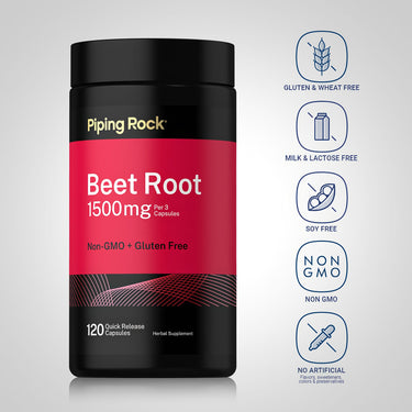 Beet Root bottle with icons indicating gluten-free, milk and lactose-free, soy-free, non-GMO, and no artificial additives.