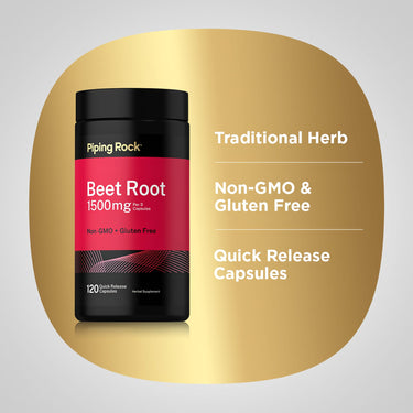 Graphic showing PipingRock Beet Root 1500 mg bottle stating Traditional Herb, Non-GMO & Gluten Free, Quick Release Capsules