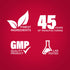Infographic stating finest ingredients, 45 years of manufacturing, GMP quality product, and lab tested assurance.