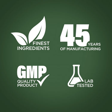 Graphic stating Finest Ingredients, 45 Years of Manufacturing, GMP Quality Product, Lab Tested