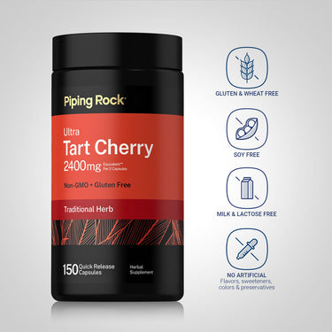 Tart Cherry bottle with icons indicating gluten & wheat free, soy free, milk & lactose free, no artificial flavors, colors or preservatives.