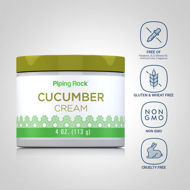 Piping Rock Cucumber Cream, 4 oz. (113 g), with icons indicating Free of Parabens, SLS, Mineral Oil, Artificial Color, and Fragrance; Gluten & Wheat Free; Non GMO; and Cruelty Free