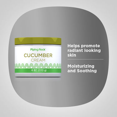Product graphic stating Piping Rock Cucumber Cream, 4 oz. (113 g), with text: Helps promote radiant looking skin and Moisturizing and Soothing