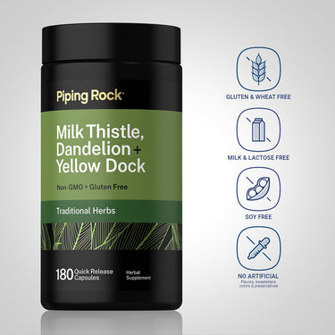 Milk Thistle Complex bottle with icons indicating Gluten & Wheat Free, Milk & Lactose Free, Soy Free, No Artificial Flavors or Colors.