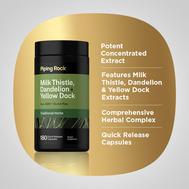Product highlights graphic stating Concentrated Extract, With Milk Thistle, Dandelion & Yellow Dock Support, Herbal Complex, Quick Release Capsules.
