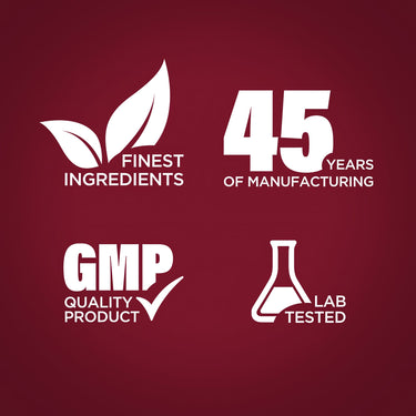 Infographic details finest ingredients, 45 years of manufacturing, GMP quality, and lab testing assurance.