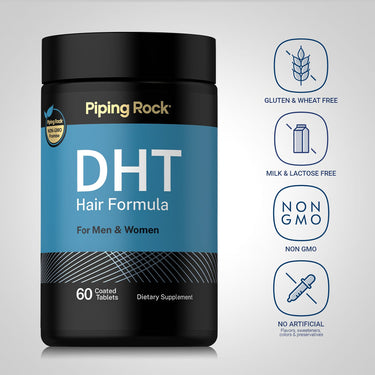 DHT bottle with icons indicating Gluten & Wheat Free, Milk & Lactose Free, Non-GMO, No Artificial Flavors, Sweeteners, Colors.