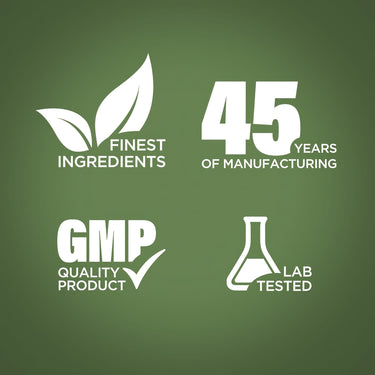 Infographic showing finest ingredients, 45 years of manufacturing, GMP quality, and lab-tested assurance.