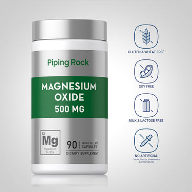 Piping Rock Magnesium Oxide 500 mg bottle with icons indicating Gluten & Wheat Free, Soy Free, Milk & Lactose Free, and No Artificial Colors, Flavors, Sweeteners & Preservatives.